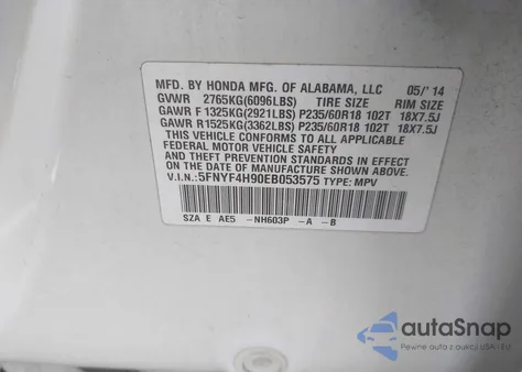 2014 Honda Pilot Touring from USA, damaged, VIN 5FNYF4H90EB053575